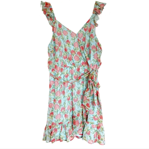 LC Lauren Conrad Pomegranate Print Faux Wrap Blue and Green Lightweig Dress - Picture 1 of 6
